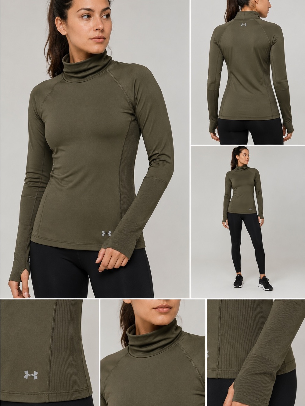 💚 Under Armour ColdGear Fitted Mock Neck Athletic Top Olive Green Size M